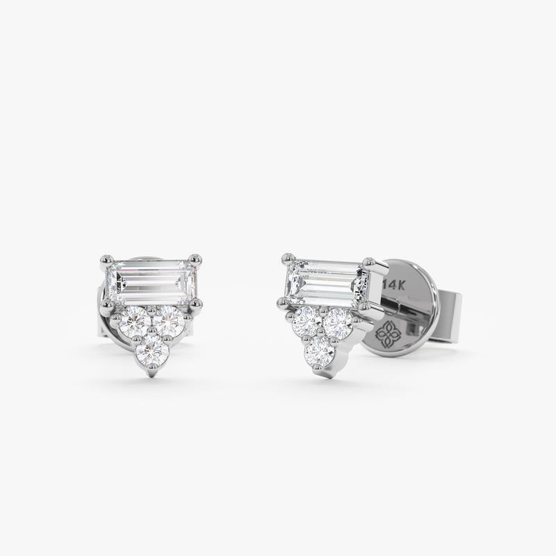 handcrafted pair of solid 14k White Gold triple Diamond baguette Earring studs