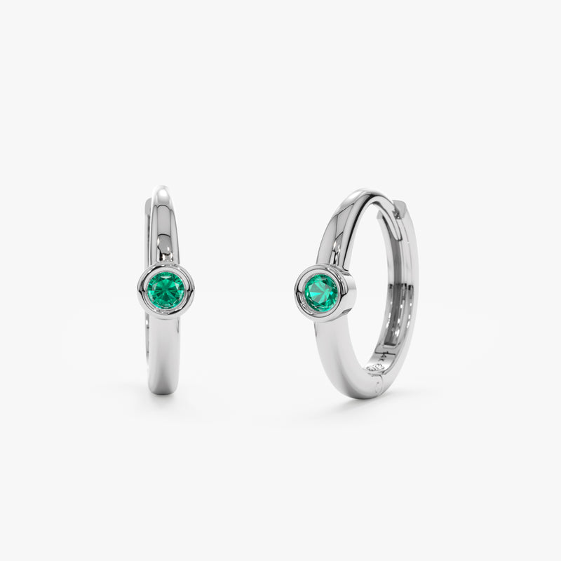 Handcrafted pair of solid 14k White Gold single Emerald bezel set Huggies
