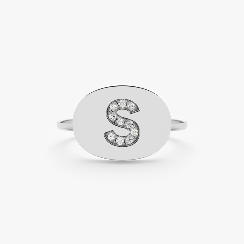 White Gold Diamond Initial Signet Ring