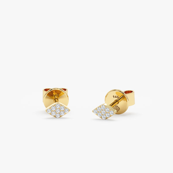 handmade pair of solid 14k gold stud earrings in diamond shape with paved diamonds 