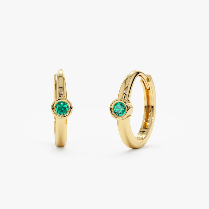 Handmade pair of solid 14k Gold Emerald bezel set Huggies