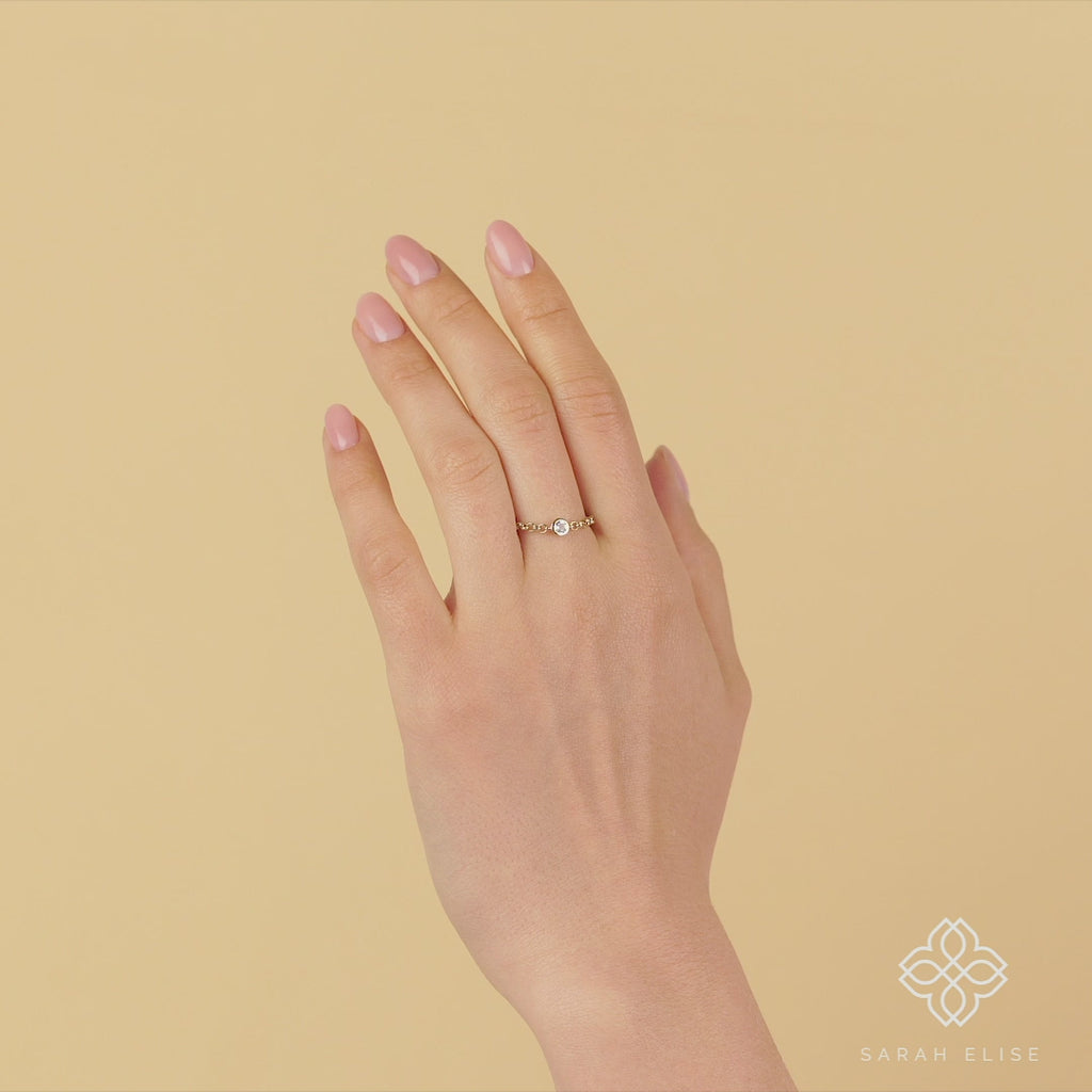 Dainty Gold Chain Ring with Bezel Aquamarine Stone