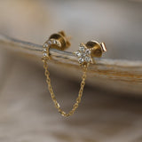 delicate crescent and star chain earring stud in solid gold