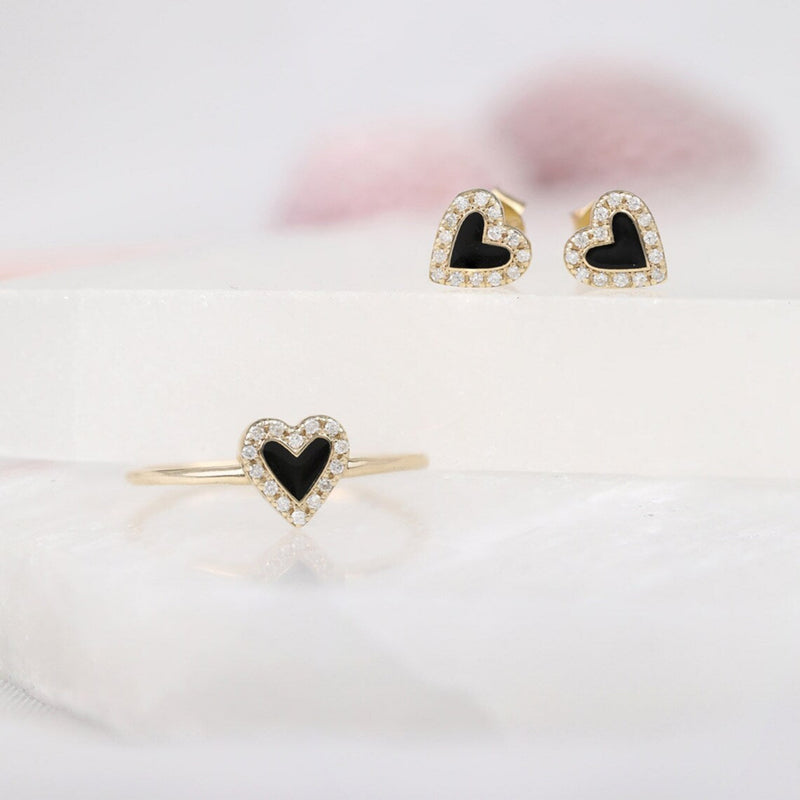 Black Enamel Heart and Diamond earring and ring Set