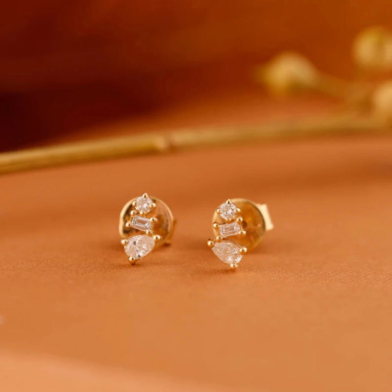 dainty Handmade Diamond Cluster Earring stud in solid gold for her