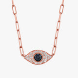 solid 14k rose gold evil eye paperclip chain necklace with diamonds and blue sapphires