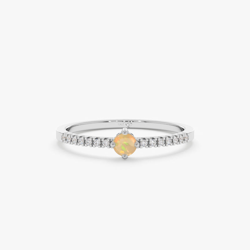 White Gold Opal and Diamond October Birth Ring 